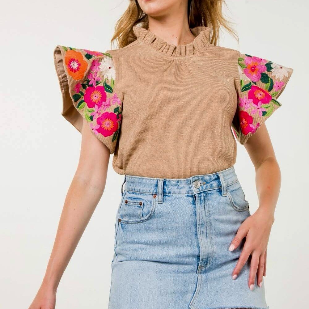 THML Tan Blouse with Floral Ruffle Sleeves